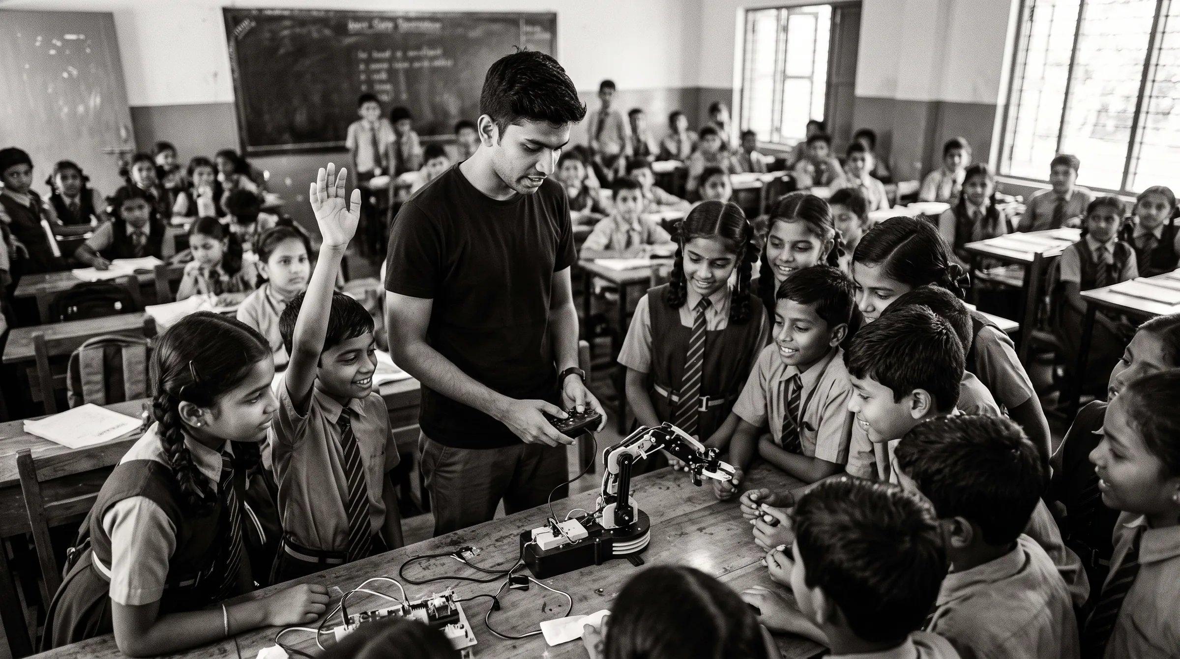 Black-and-white illustration of a trainer demonstrating a small robotic arm to a crowd of excited school students in uniform
