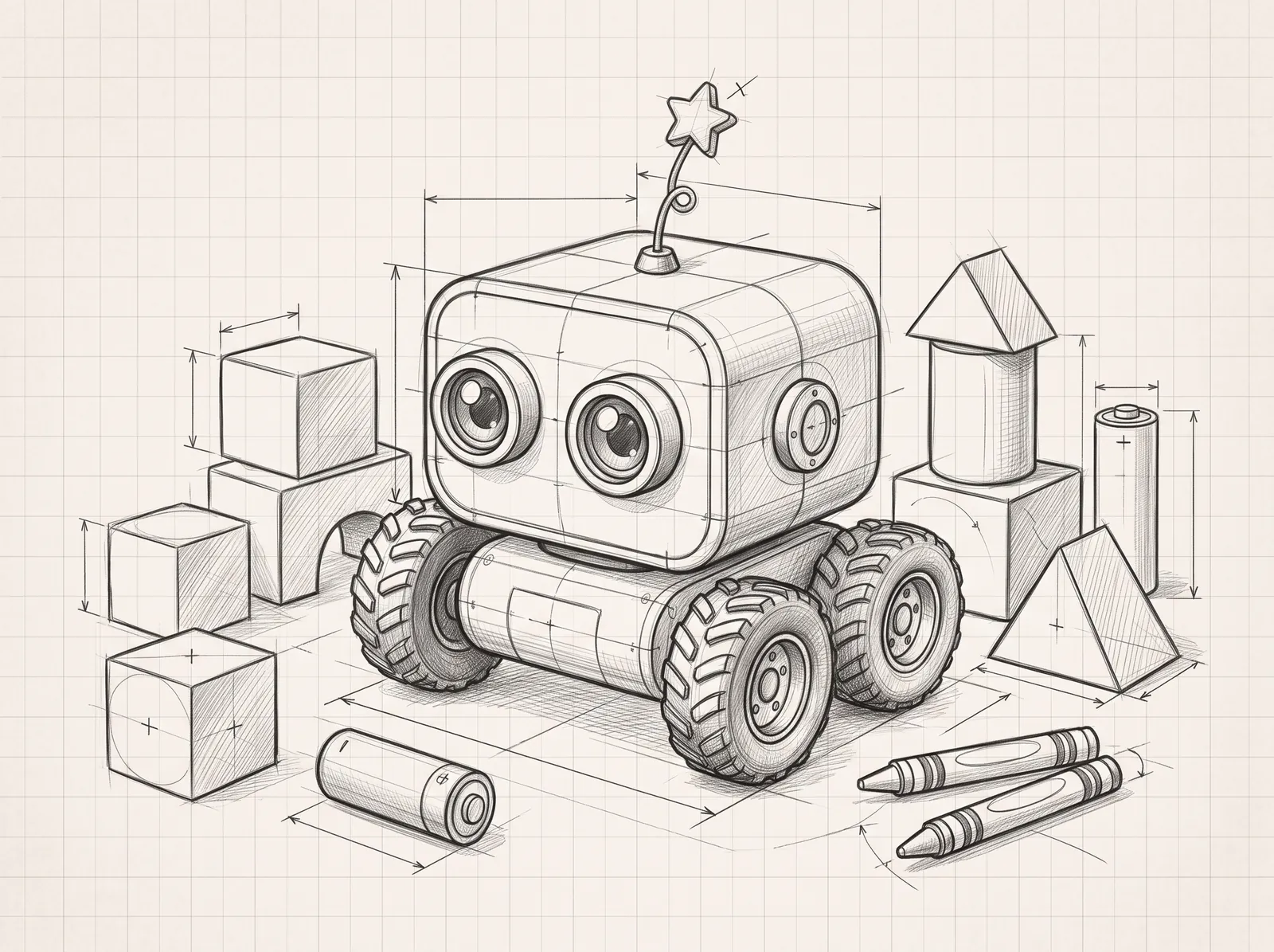 Pencil blueprint sketch for Little Inventors (Grades 1–2): Light-up Cardboard Robot + Spinning Fan Hat