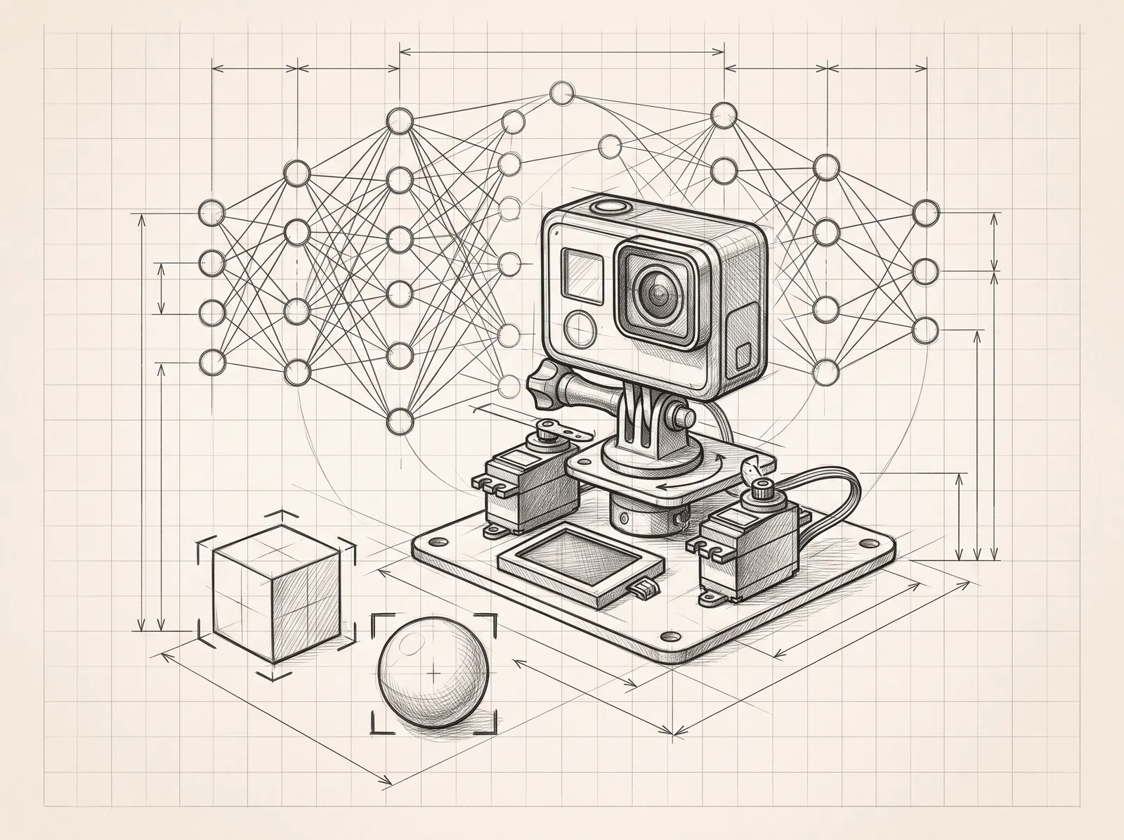 Pencil blueprint sketch for AI Innovators (Grades 9–10): AI Vision Pan-Tilt Robot