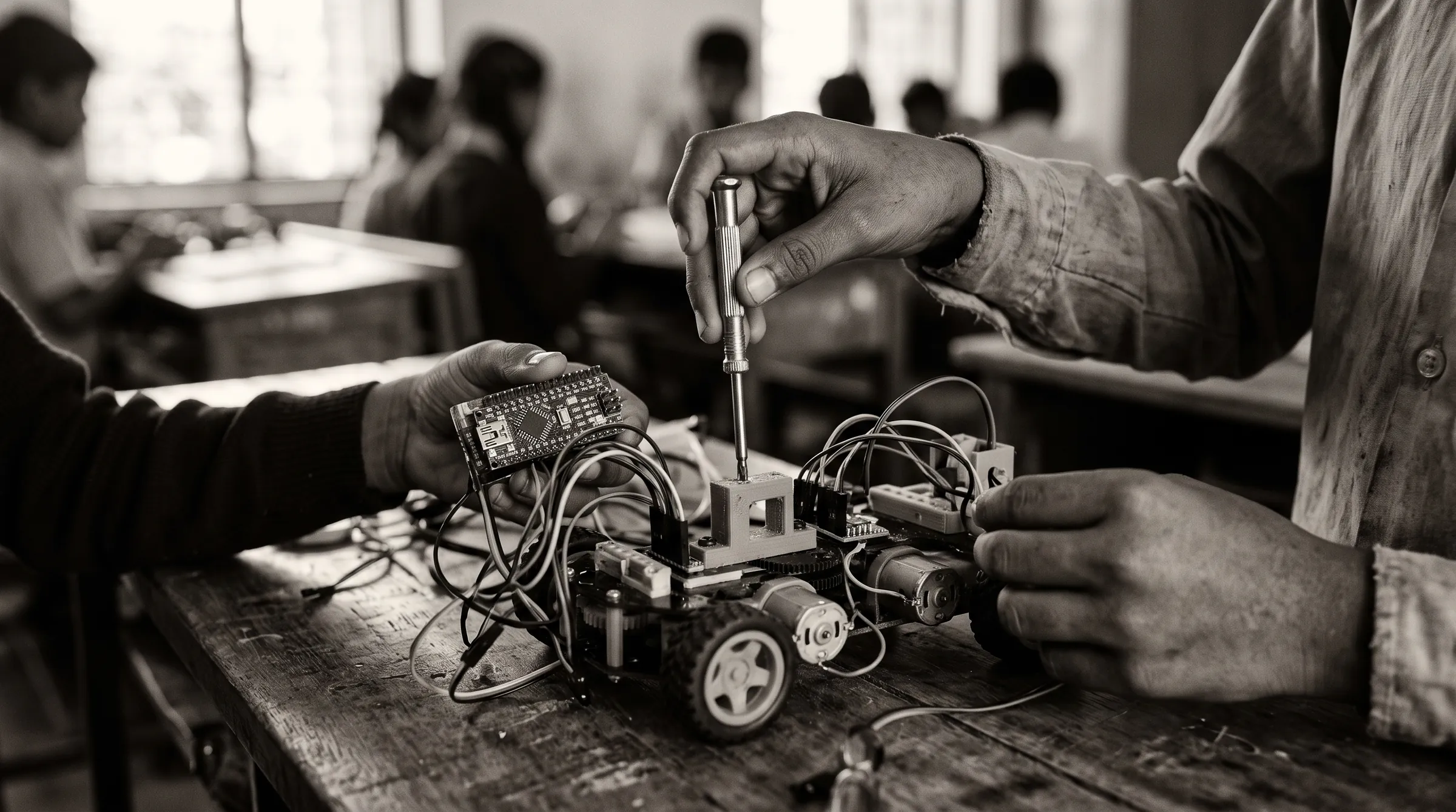 Black-and-white close-up illustration of students' hands assembling a small robot on a classroom table